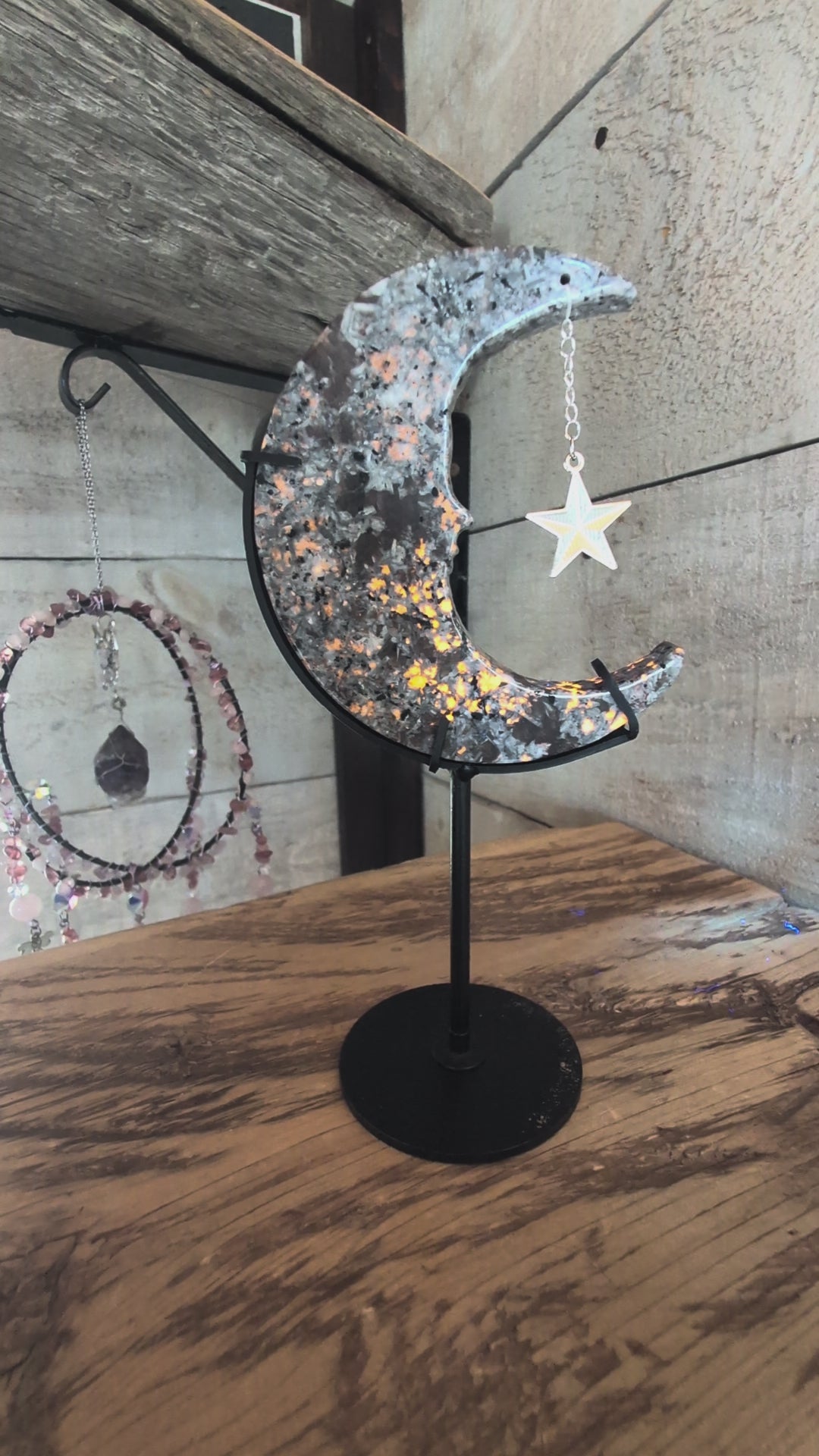 Crystal Moon with Stand, Canadian Flame Stone, Yooperlite