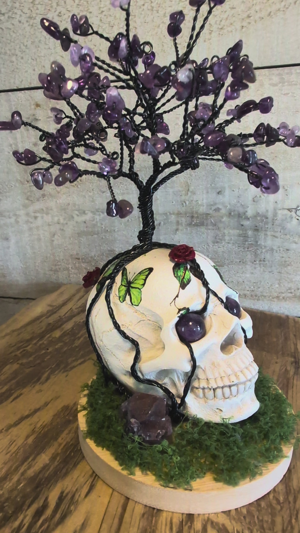 Artisanal Crystal Chip Tree on Resin Skull with Thunder Bay Amethyst Crystal Points