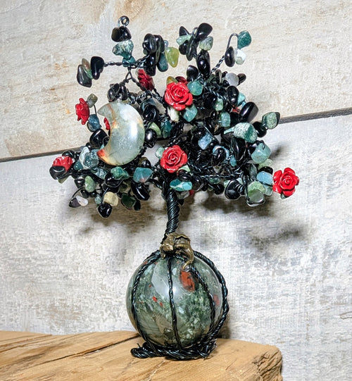Artisanal African Blood Stone Sphere with Obsidian, Agate Tree and Cinnabar Roses