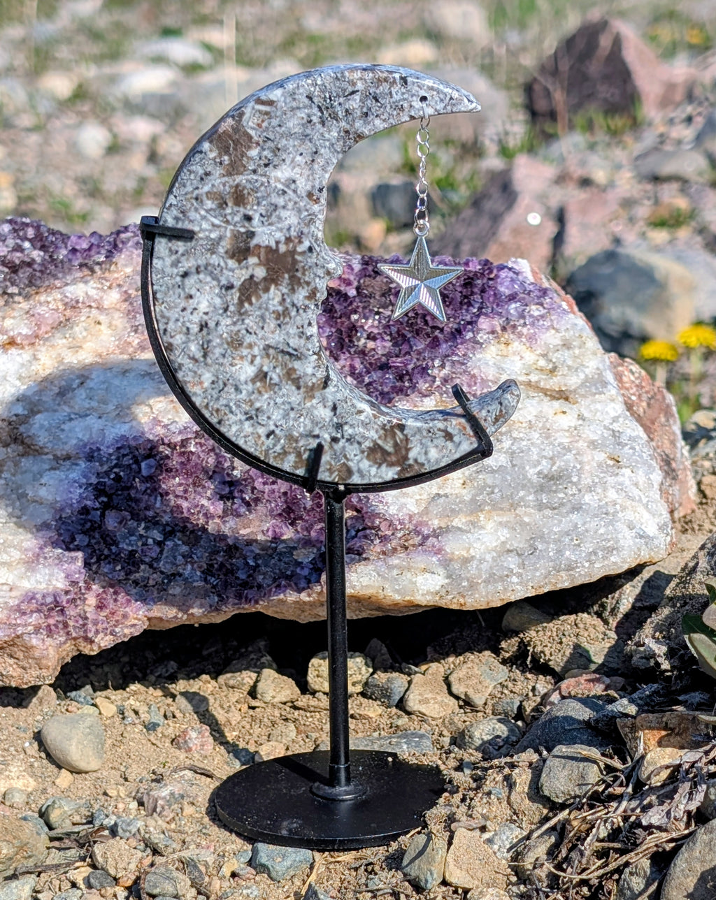 Crystal Moon with Stand, Canadian Flame Stone, Yooperlite