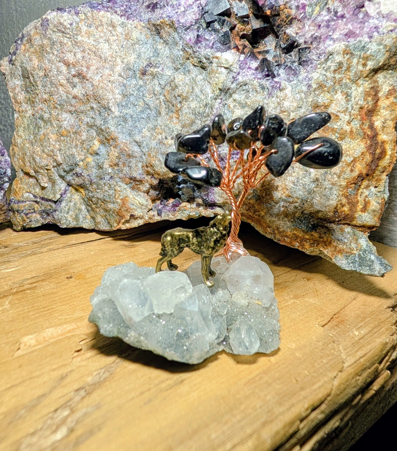 Artisanal Brass Wolf, Copper Tree on Crystal Speciemen