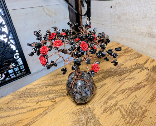 Artisanal Canadian Flame Stone, Yooperlite Sphere with Obsidian Tree and Cinnabar Roses