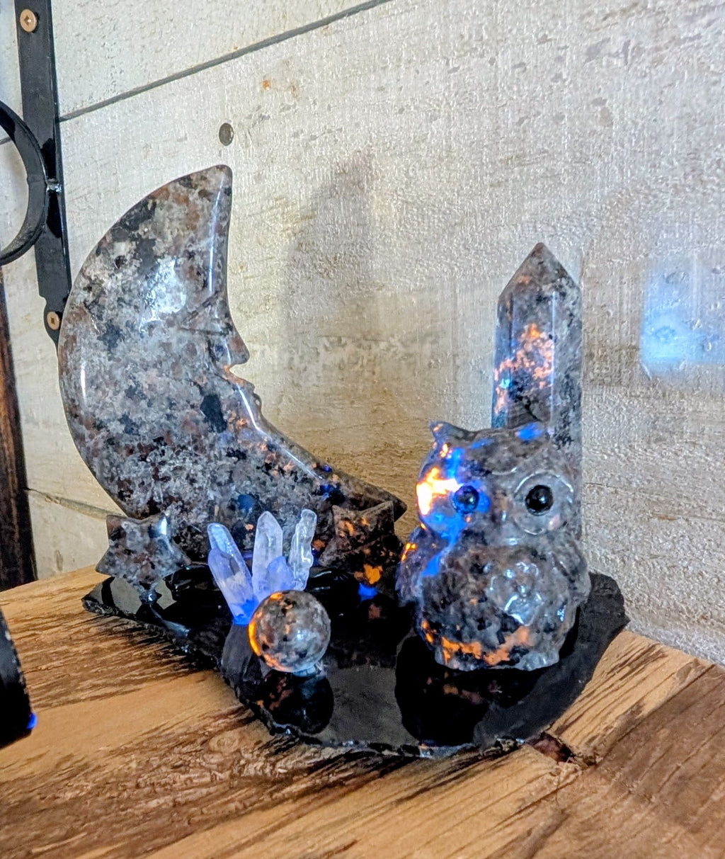Artisanal Canadian Flame Stone, Yooperlite Scene on Rainbow Obsidian Slab
