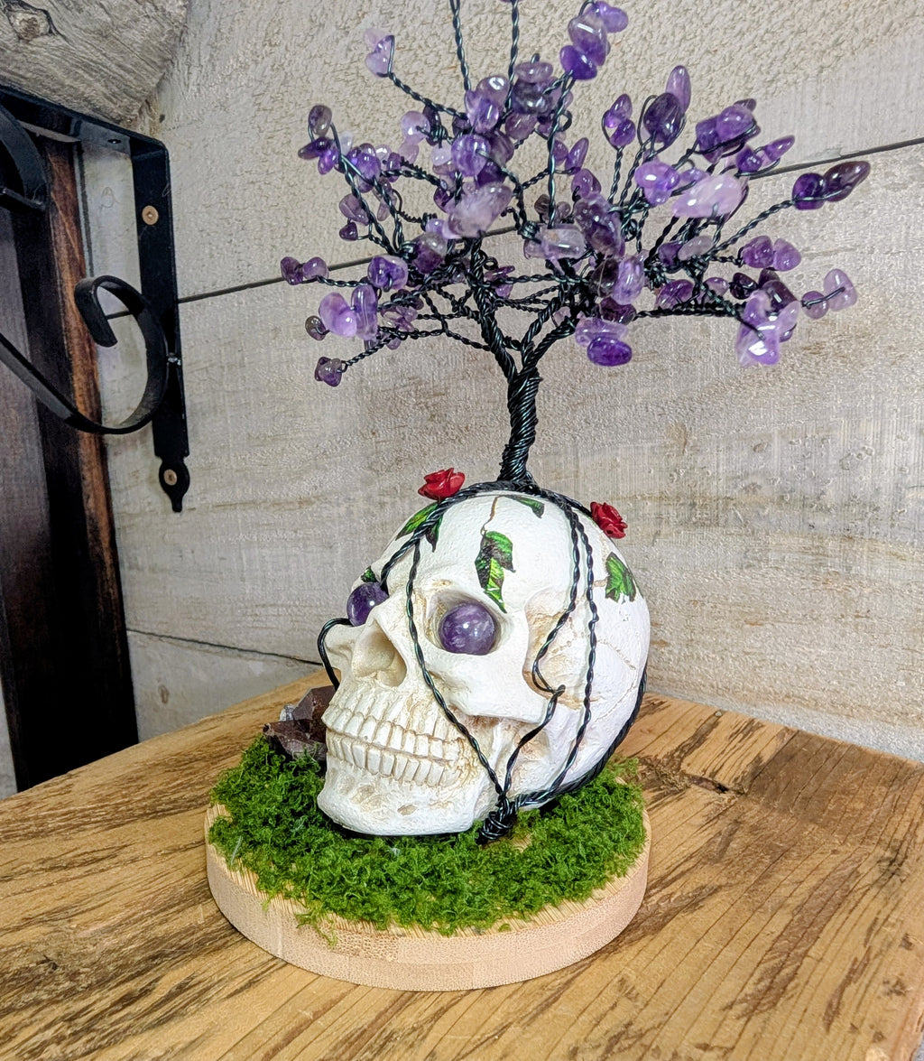 Artisanal Crystal Chip Tree on Resin Skull with Thunder Bay Amethyst Crystal Points
