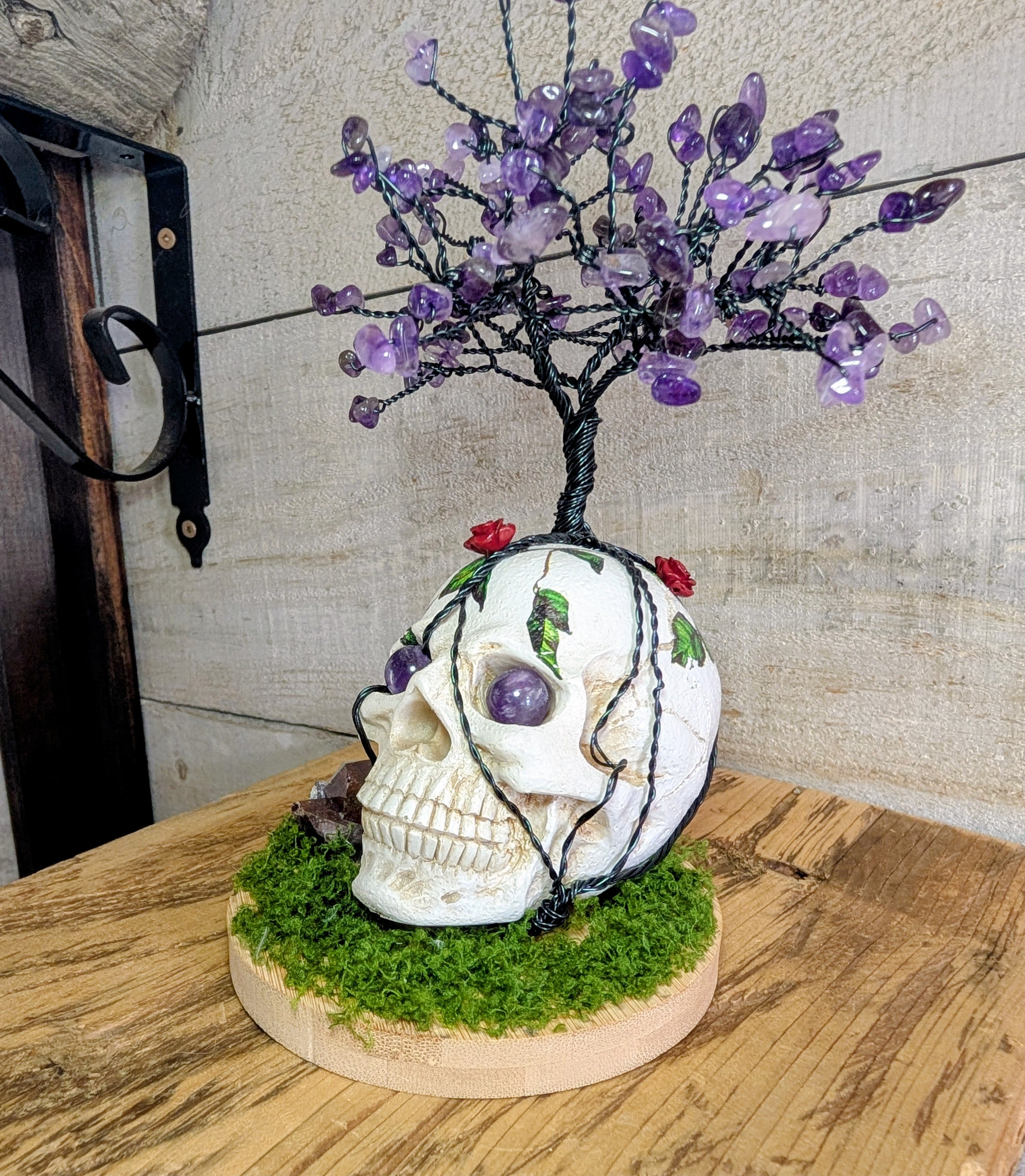 Artisanal Crystal Chip Tree on Resin Skull with Thunder Bay Amethyst Crystal Points