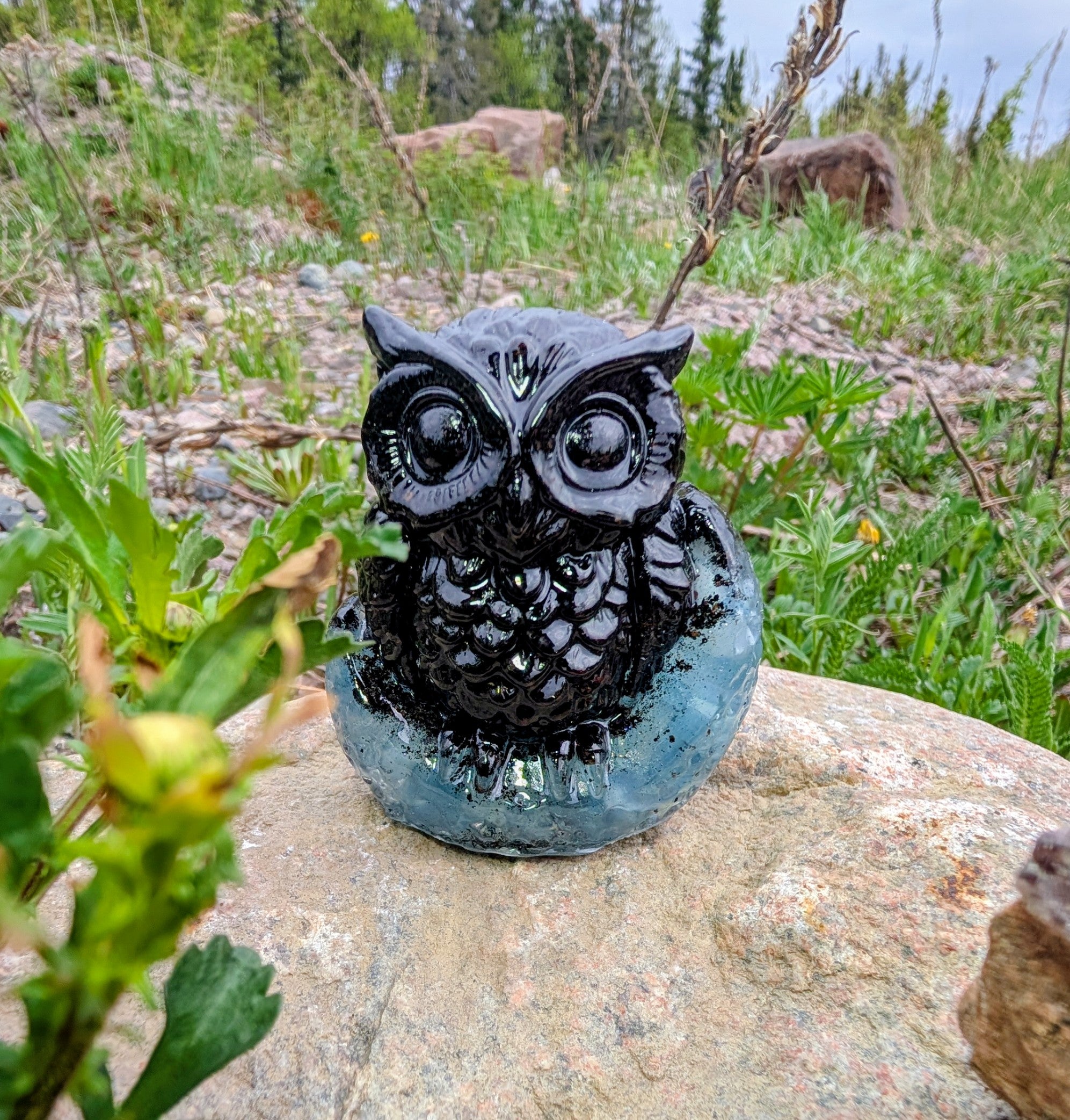 Artisanal Crystal Owl Made With Canadian Garnet and Aquamarine Moon
