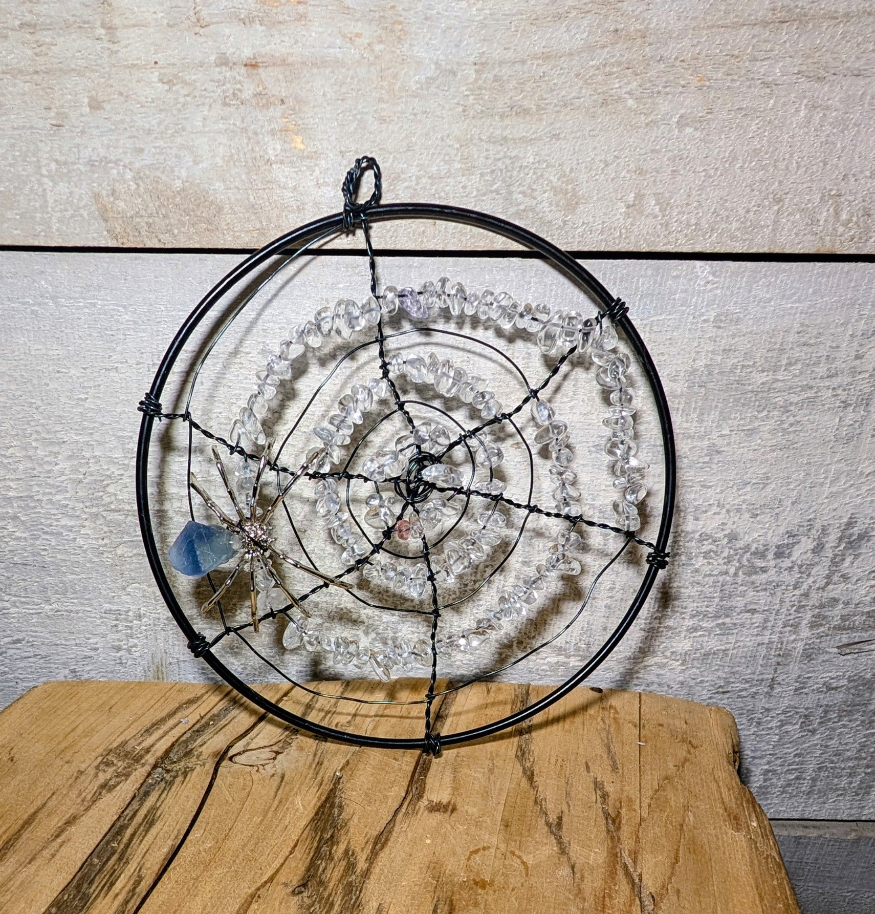 Artisanal Clear Quartz Spider Web and Aquamarine Spider