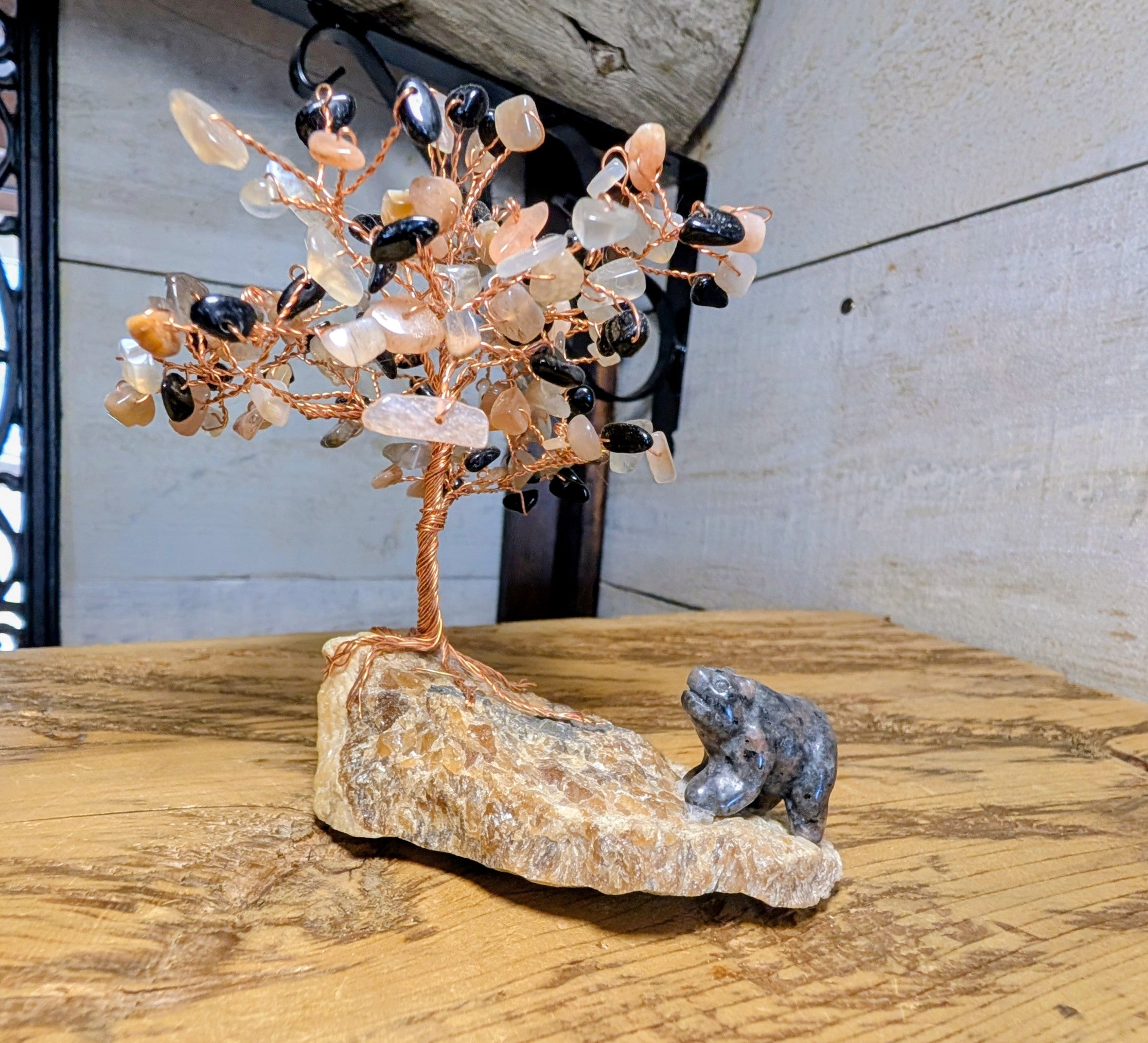 Artisanal Canadian Septarium Slab with Tree and Canadian Flame Stone Bear