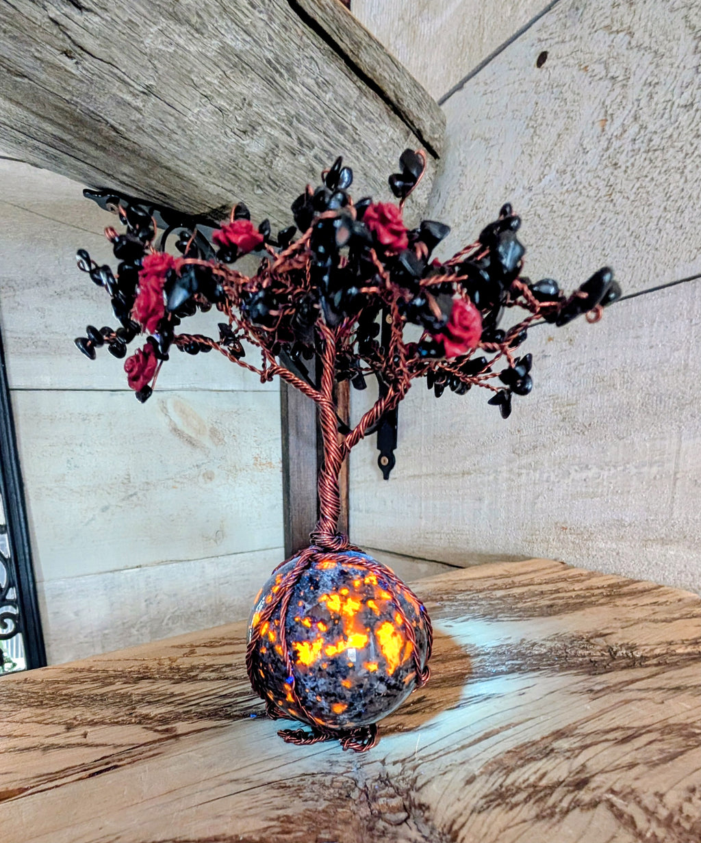 Artisanal Canadian Flame Stone, Yooperlite Sphere with Obsidian Tree and Cinnabar Roses