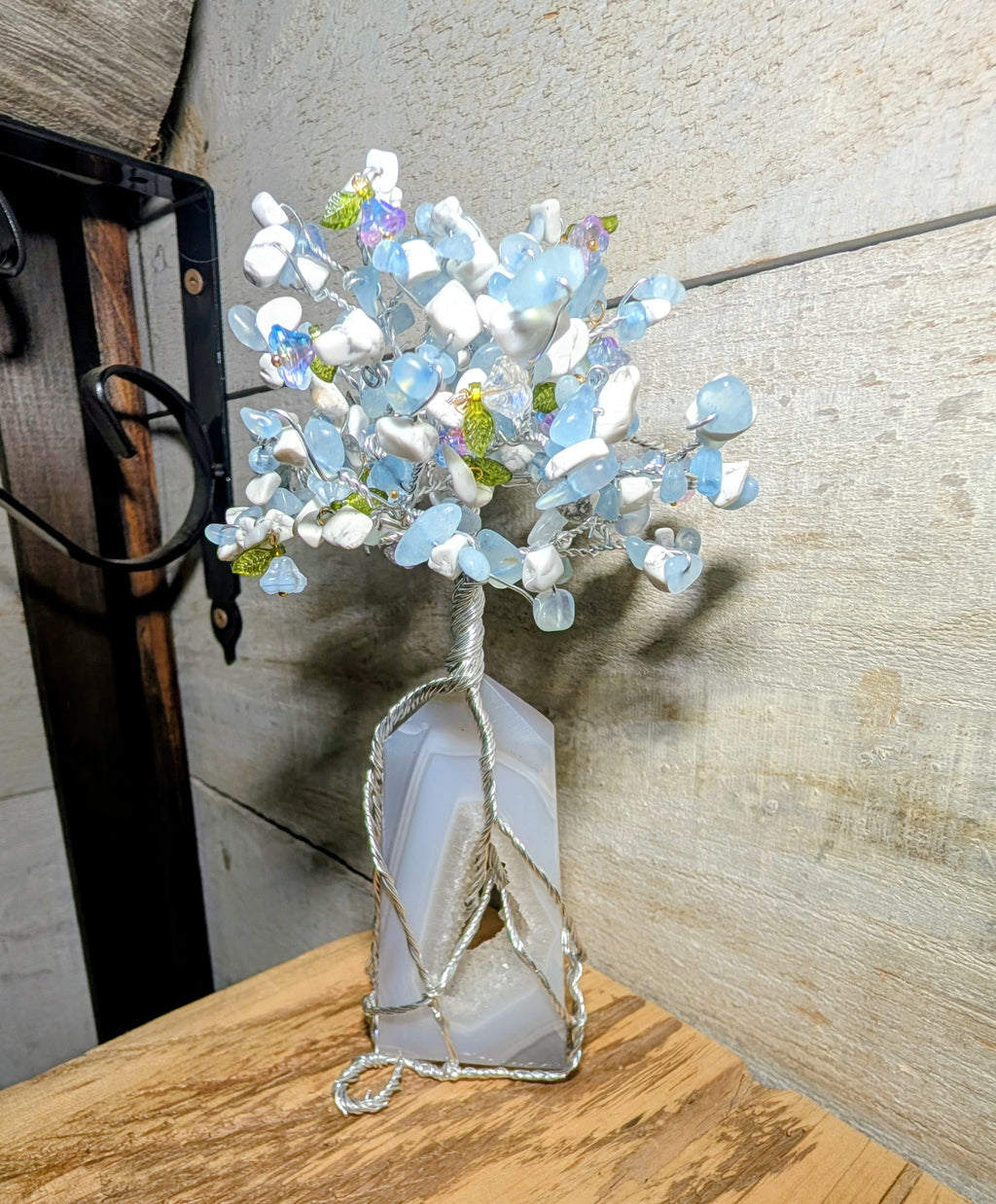 Artisanal Druzy Agate Tower, Aquamarine and Howlite Crystal Chip Tree with Glass Flowers