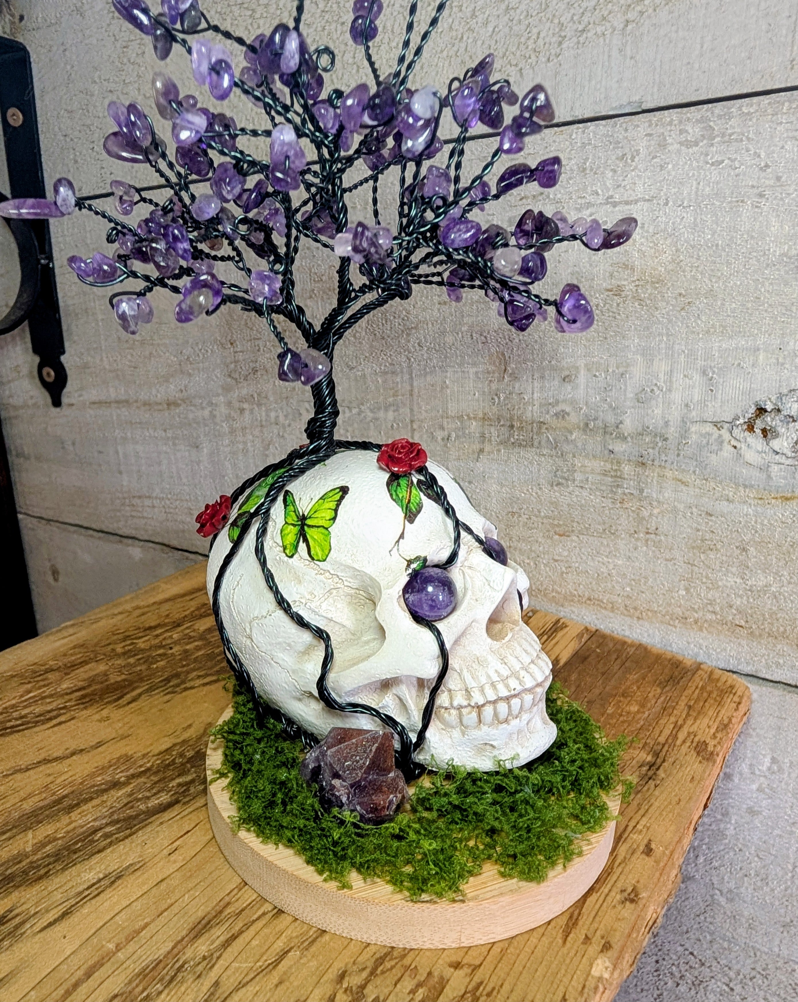 Artisanal Crystal Chip Tree on Resin Skull with Thunder Bay Amethyst Crystal Points