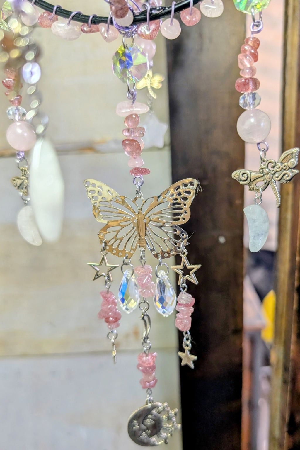 Artisanal Rose and Strawberry Quartz Suncatcher with Thunder Bay Amethyst