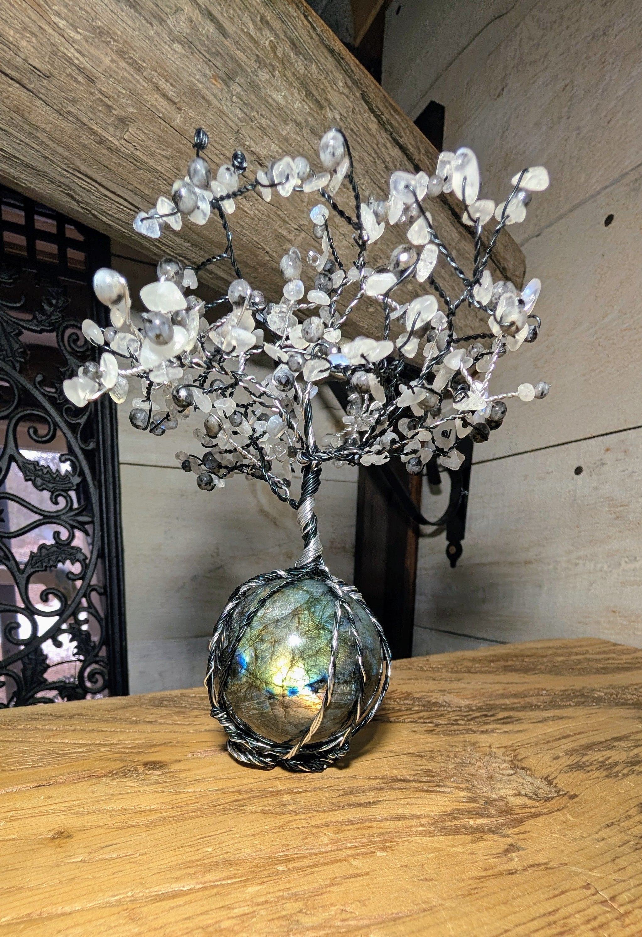 Moonstone and Larvakite Chip Tree on Labradorite Sphere