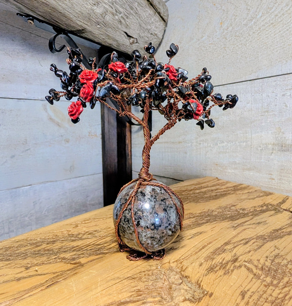 Artisanal Canadian Flame Stone, Yooperlite Sphere with Obsidian Tree and Cinnabar Roses