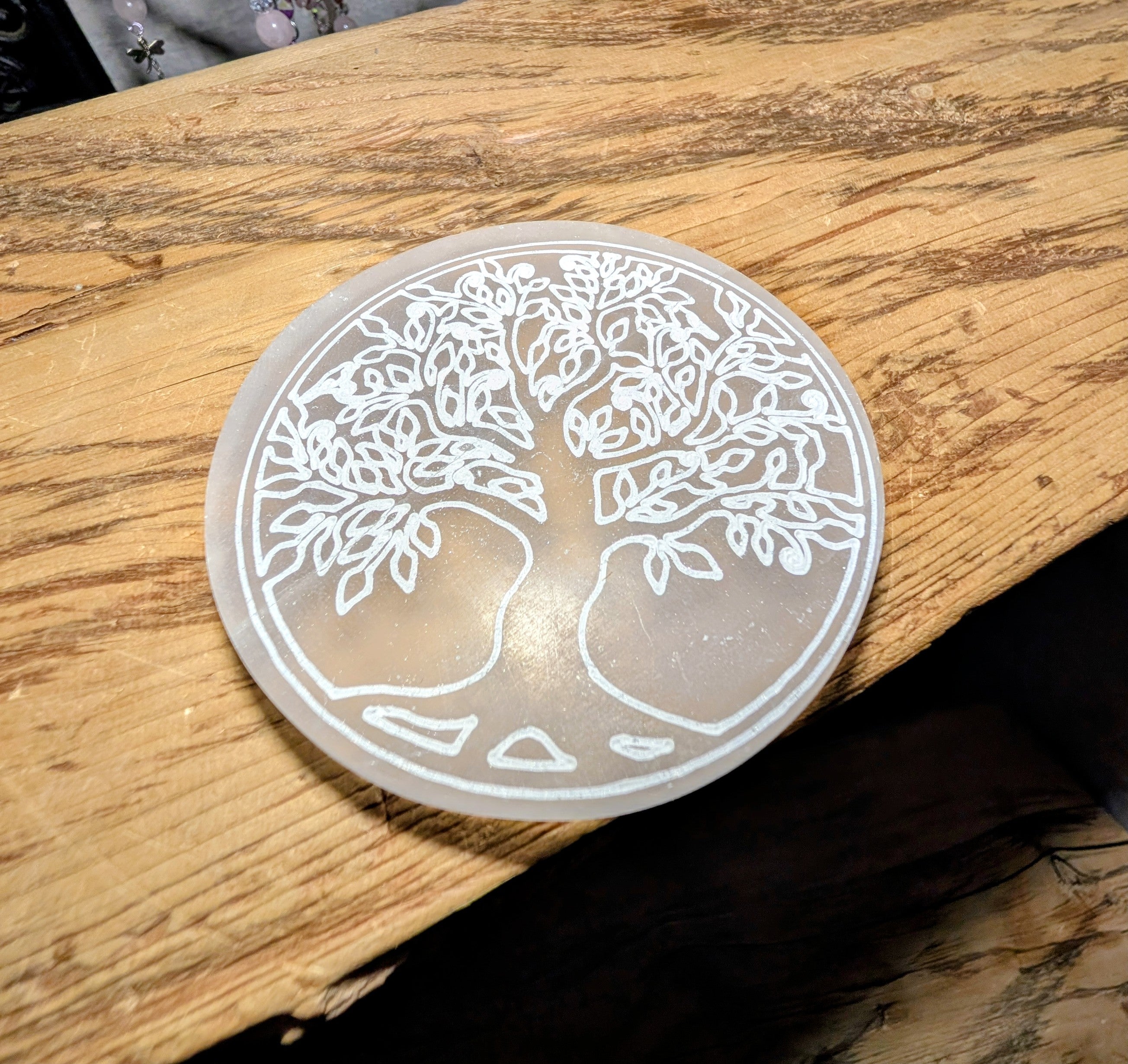 Crystal Selenite Plate with Tree Etching