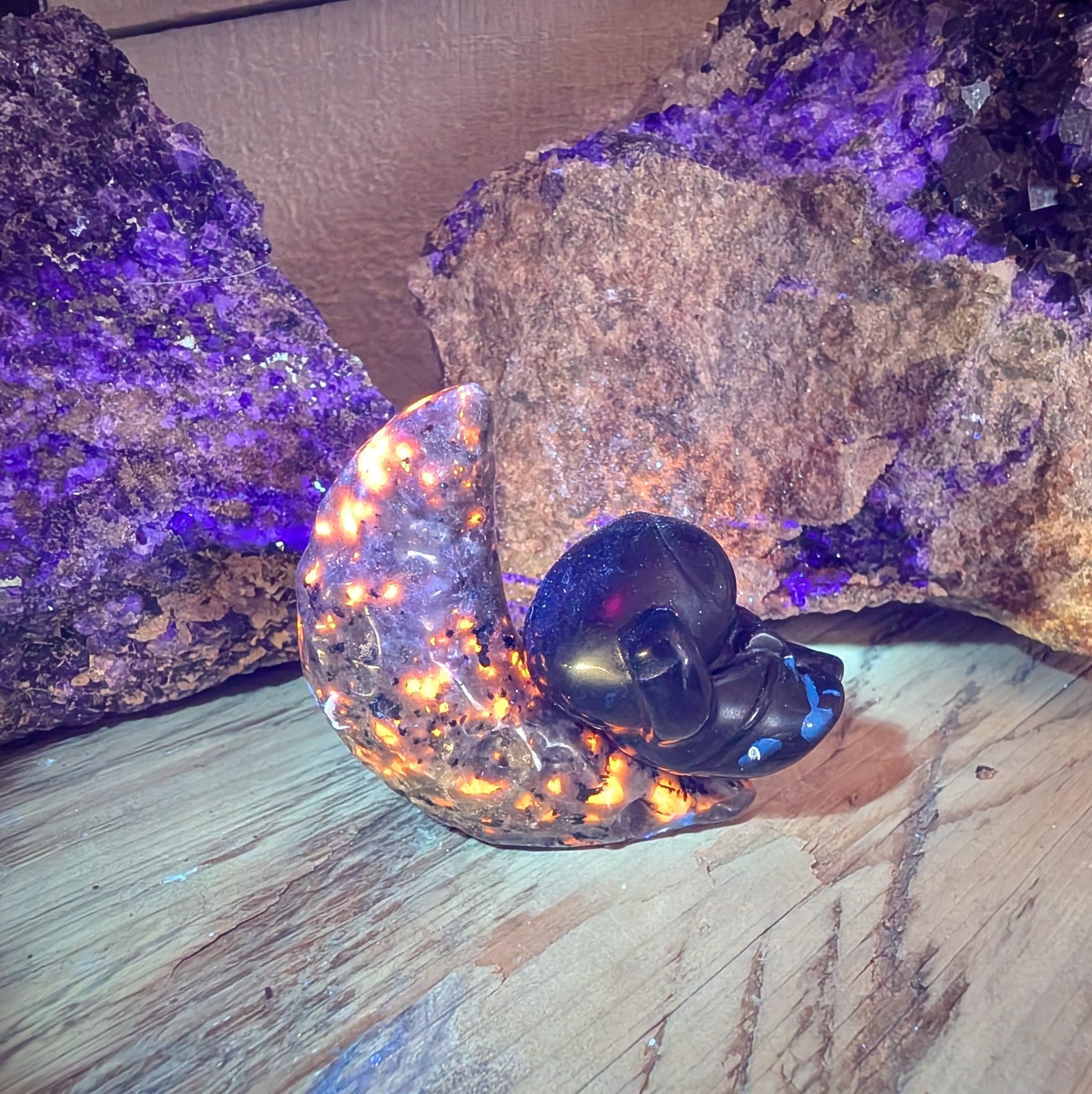 Canadian Flame Stone, Yooperlite Crystal Moon and Obsidian Astronaut