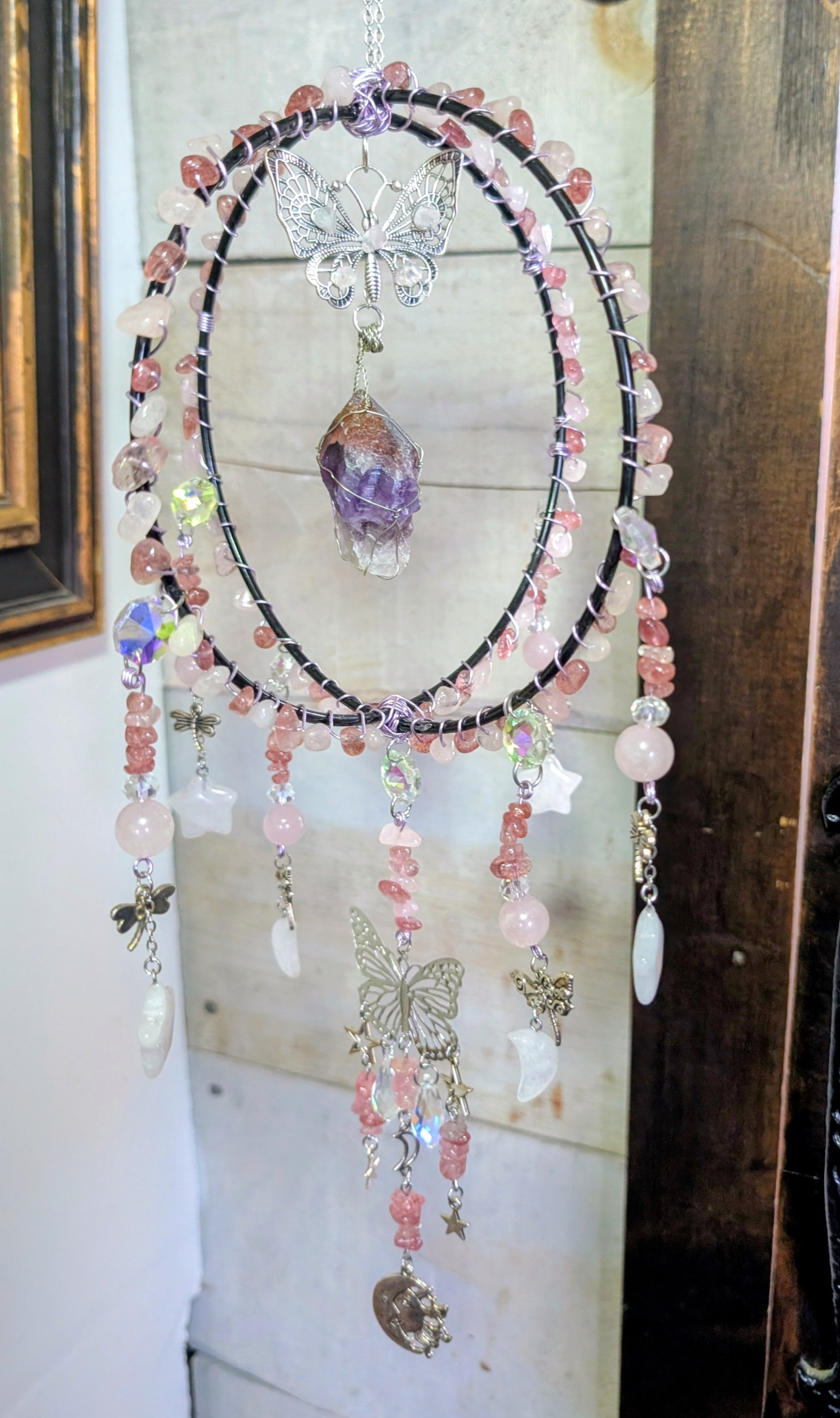 Artisanal Rose and Strawberry Quartz Suncatcher with Thunder Bay Amethyst