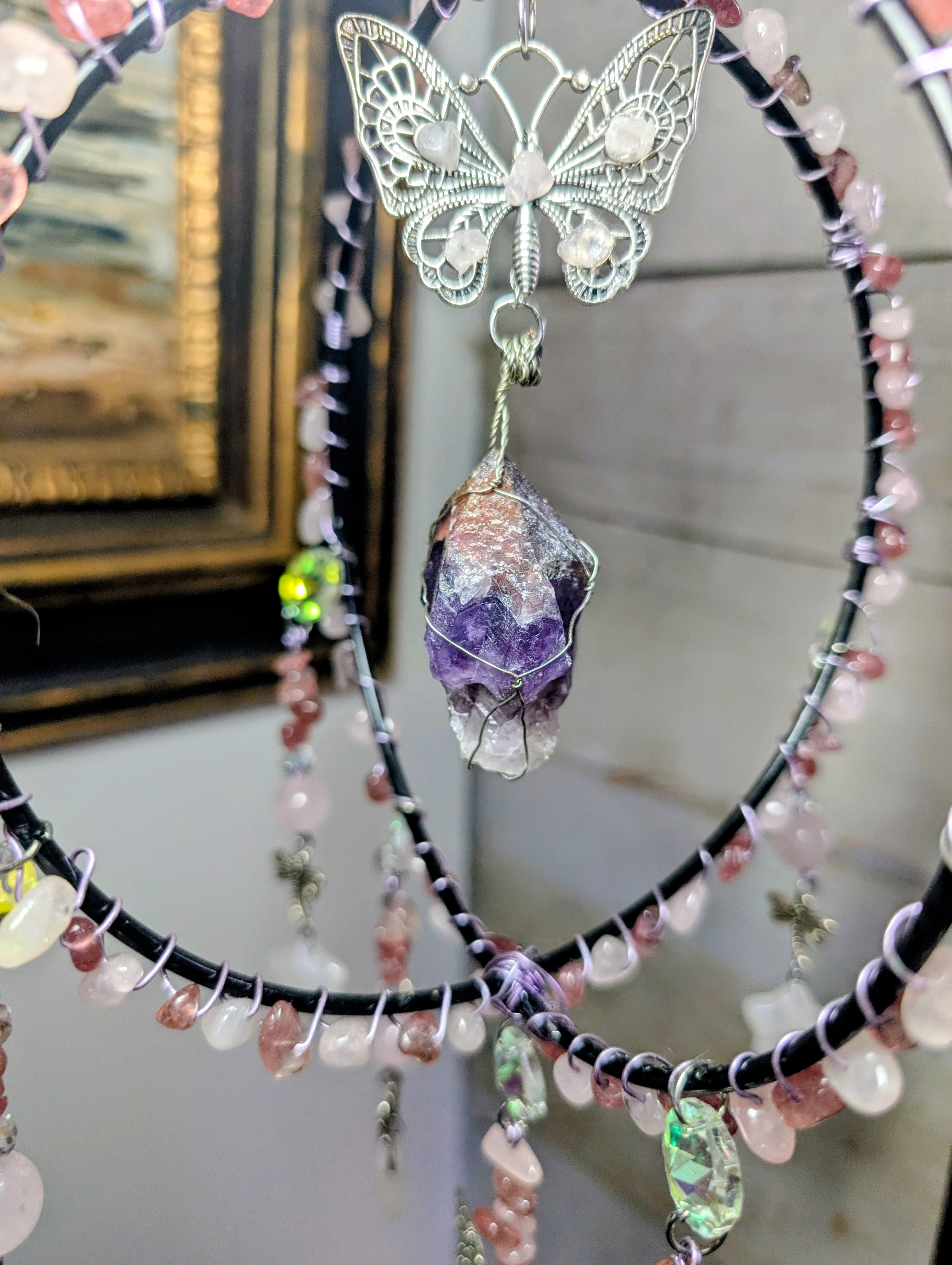 Artisanal Rose and Strawberry Quartz Suncatcher with Thunder Bay Amethyst