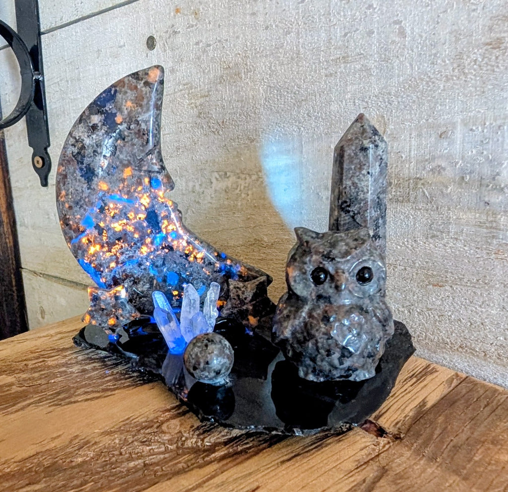 Artisanal Canadian Flame Stone, Yooperlite Scene on Rainbow Obsidian Slab