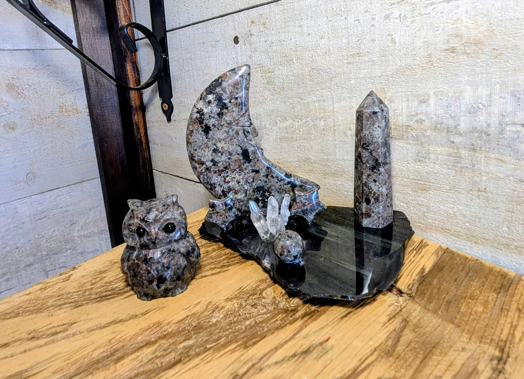 Artisanal Canadian Flame Stone, Yooperlite Scene on Rainbow Obsidian Slab
