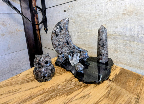Artisanal Canadian Flame Stone, Yooperlite Scene on Rainbow Obsidian Slab